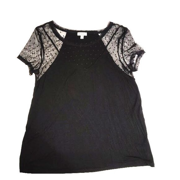 Love, Fire Tops - Love, Fire Black Short Sleeve Top L Sheer Mesh Accents Bust 36